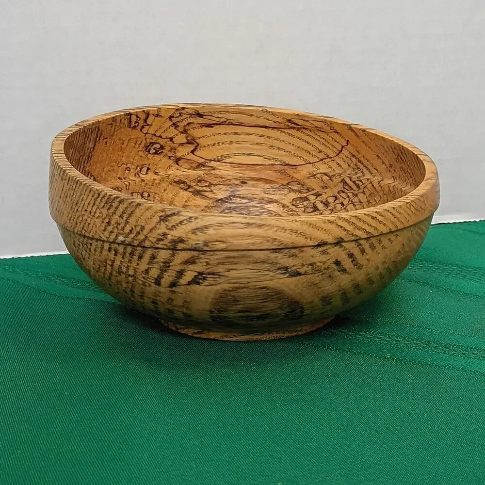 Hand Turned Spalted Water Oak Wood Bowl Slanted Rim Natural Edge Decorative Art